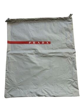 Prada Vinyl‎ Dust Storage Bag Silver Gray with Red Logo Drawstring 15” X 13”